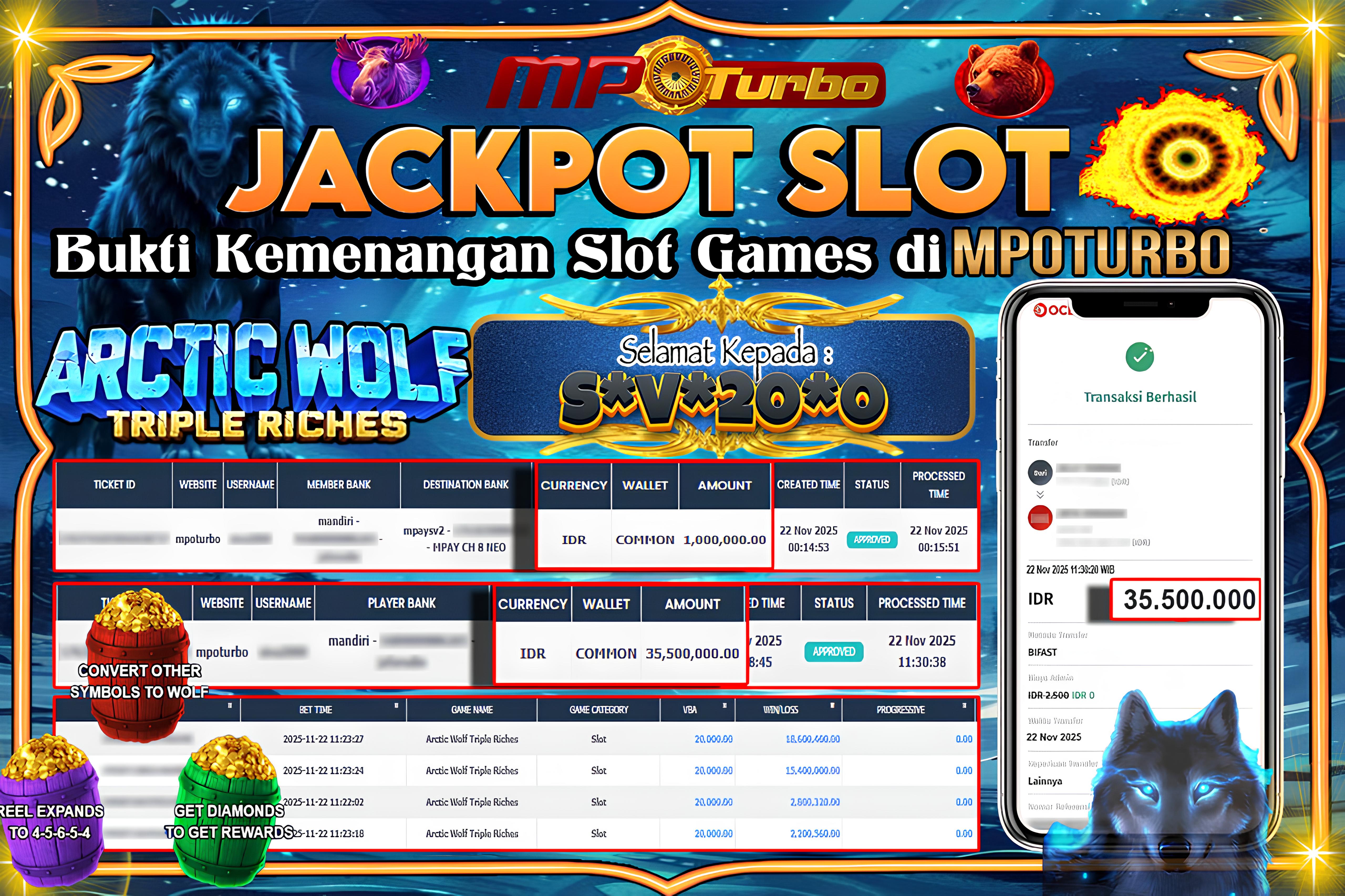 MPOTURBO JACKPOT ARCTIC WOLF TRIPLE RICHES - MICROGAMING Rp 35,500,000.00,- LUNAS